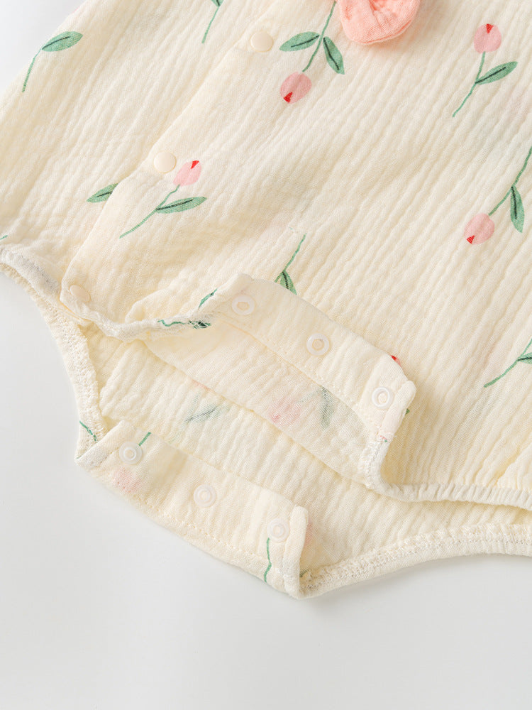Summer New Design Baby Girls Light Floral Pattern Embroidery Fly Sleeves Crew Neck Sweet Cute Onesies-4