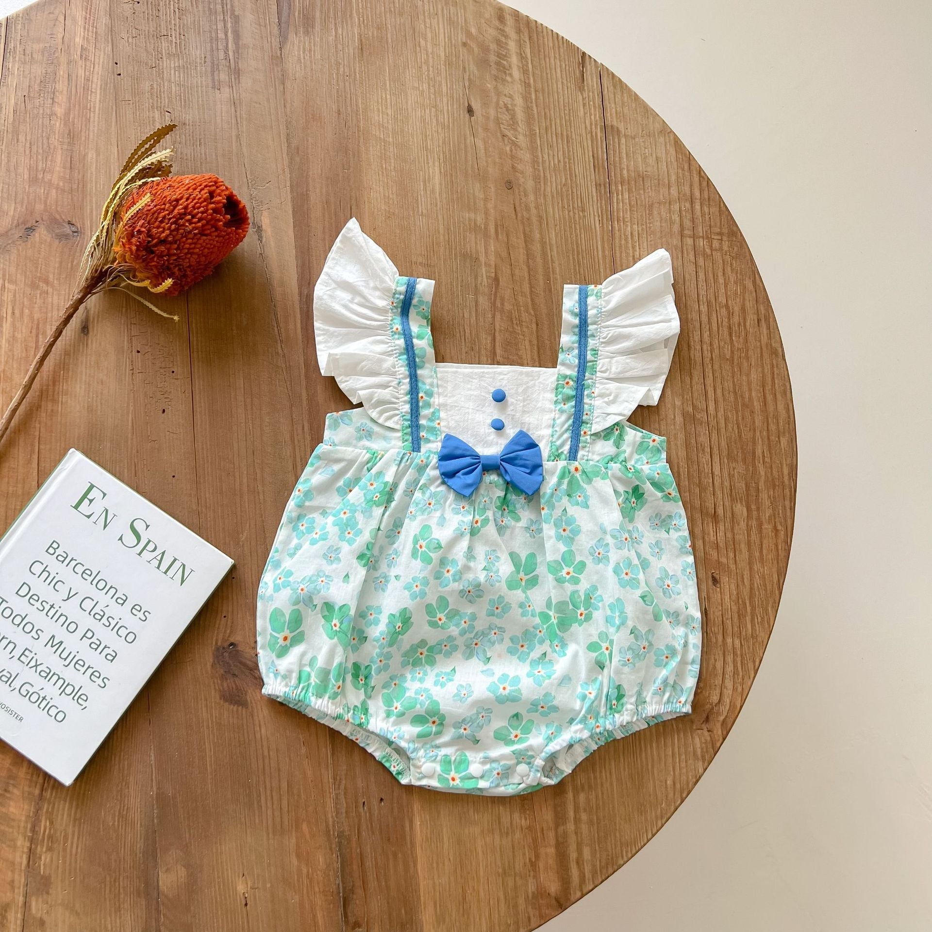 Baby Girls Floral Print Ruffle Design Square-Neck Onesies With Bow Tie-3