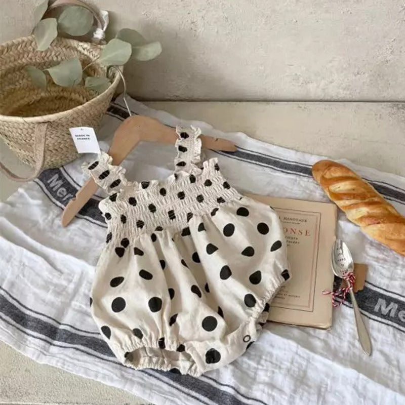 Baby Girl Dot Pattern Sling Onesie & Dress In Summer-3