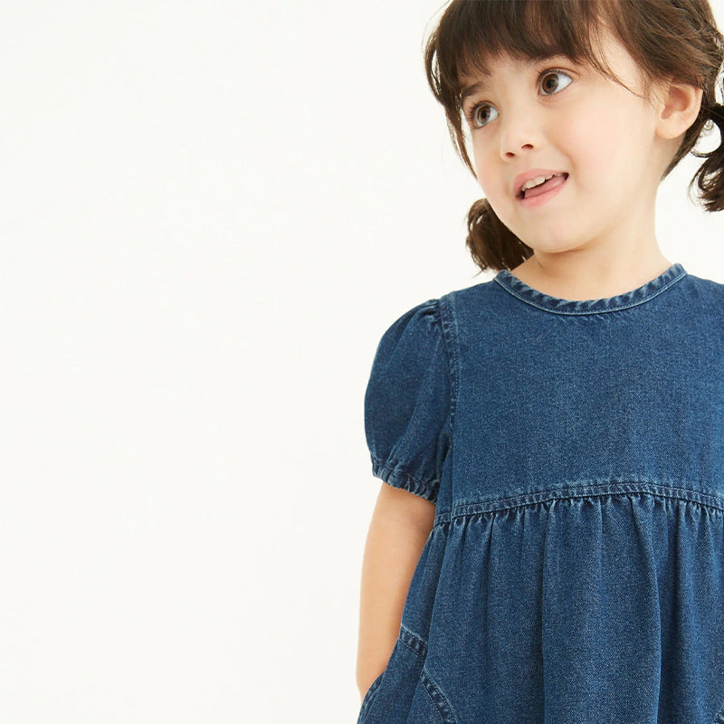 Baby Girl Solid Color Puff Sleeve Loose Denim Dress-3