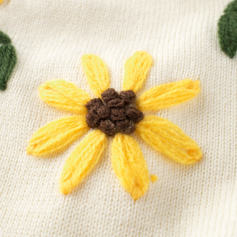 Baby Girl Floral Embroidered Pattern Simple Colorblock Design Knitwear-3