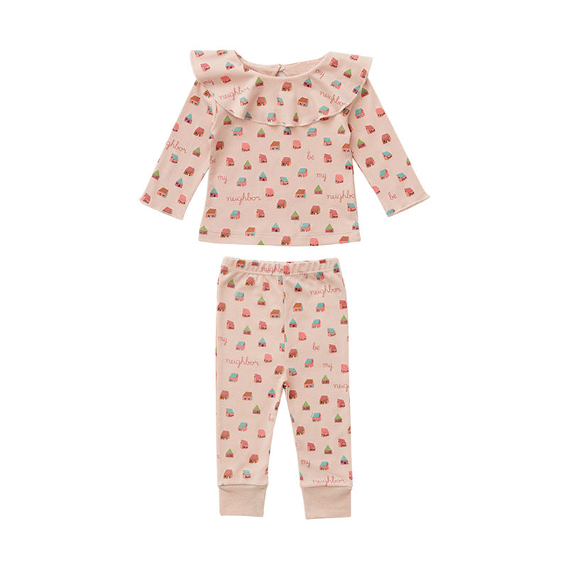 Baby Cartoon & Plaid Pattern Ruffle Neck Design Long Sleeve Sets-3