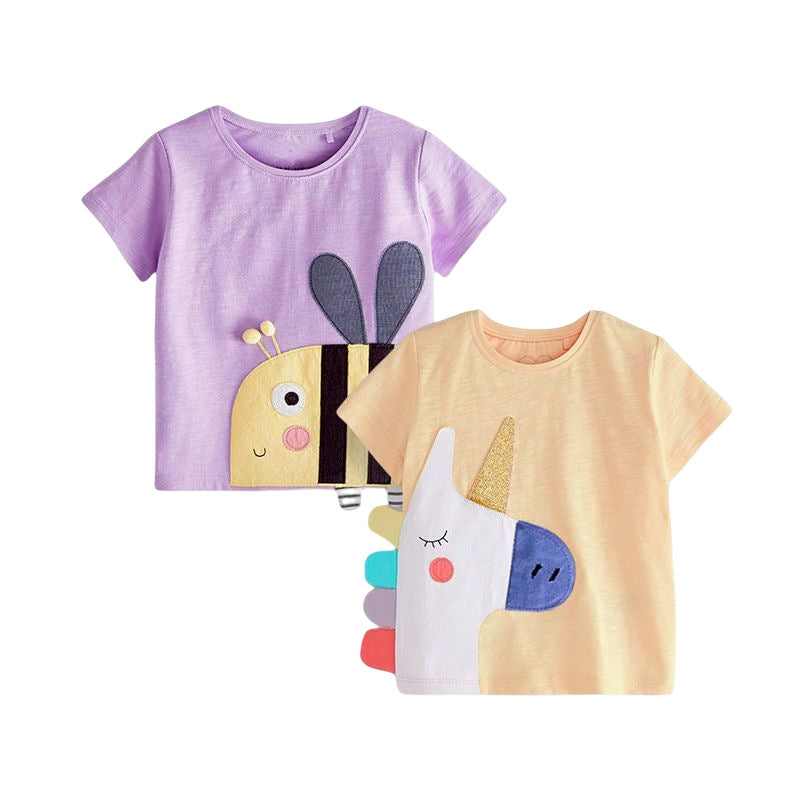 Baby Cartoon Animal Patched Graphic Short Sleeve O-Neck Design Tops-0