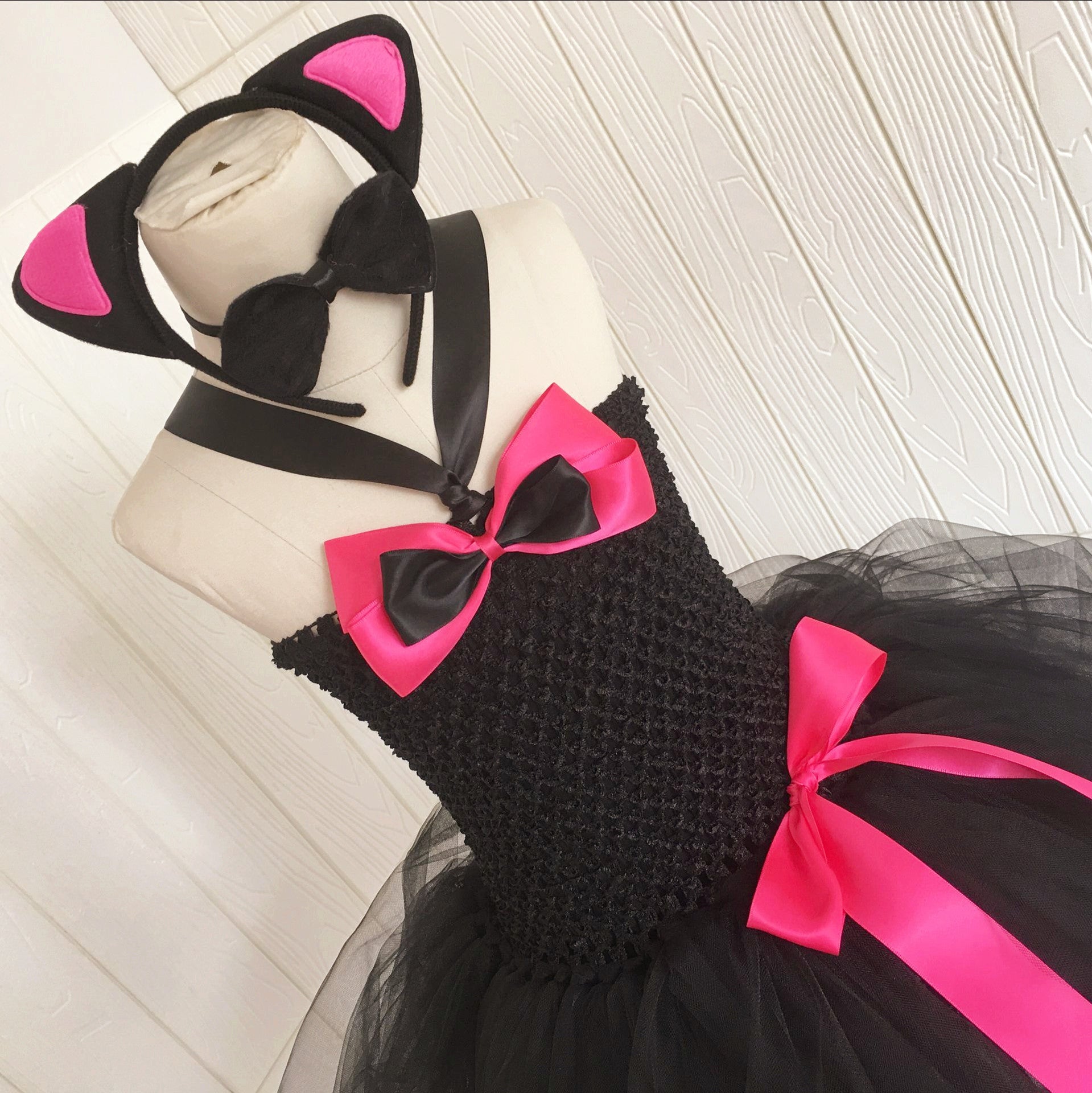 Children’s Halloween Solid Color Cat Costume Mesh Tutu Dress & 1-Piece Jewelry Sets-3