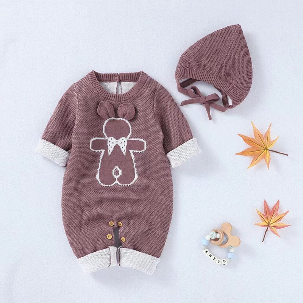 Baby Cartoon Bunny Embroidered Graphic Solid Warm Rompers With Hat-3