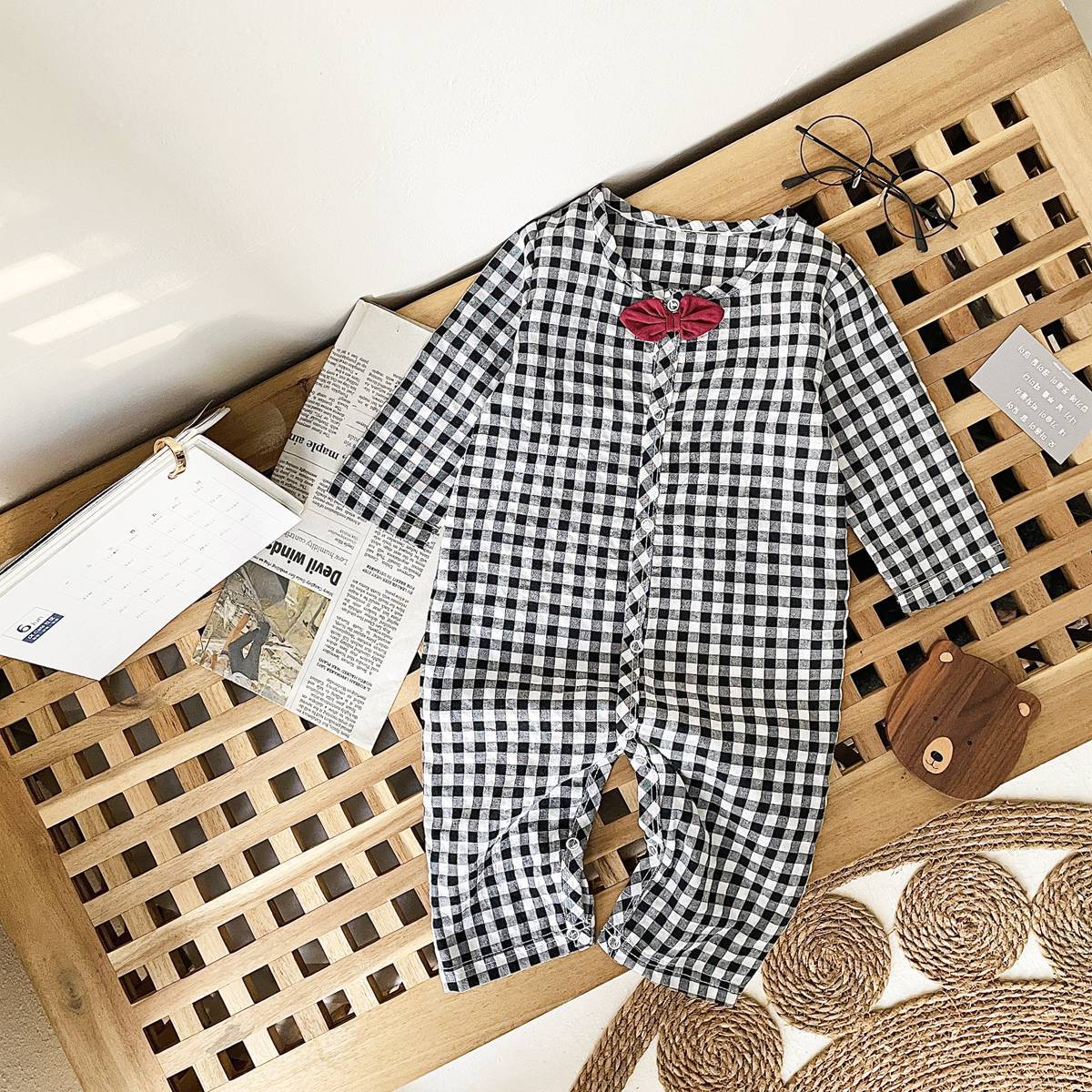 Baby Boy Plaid Pattern Bow Patched Design Cotton Jumpsuit-3