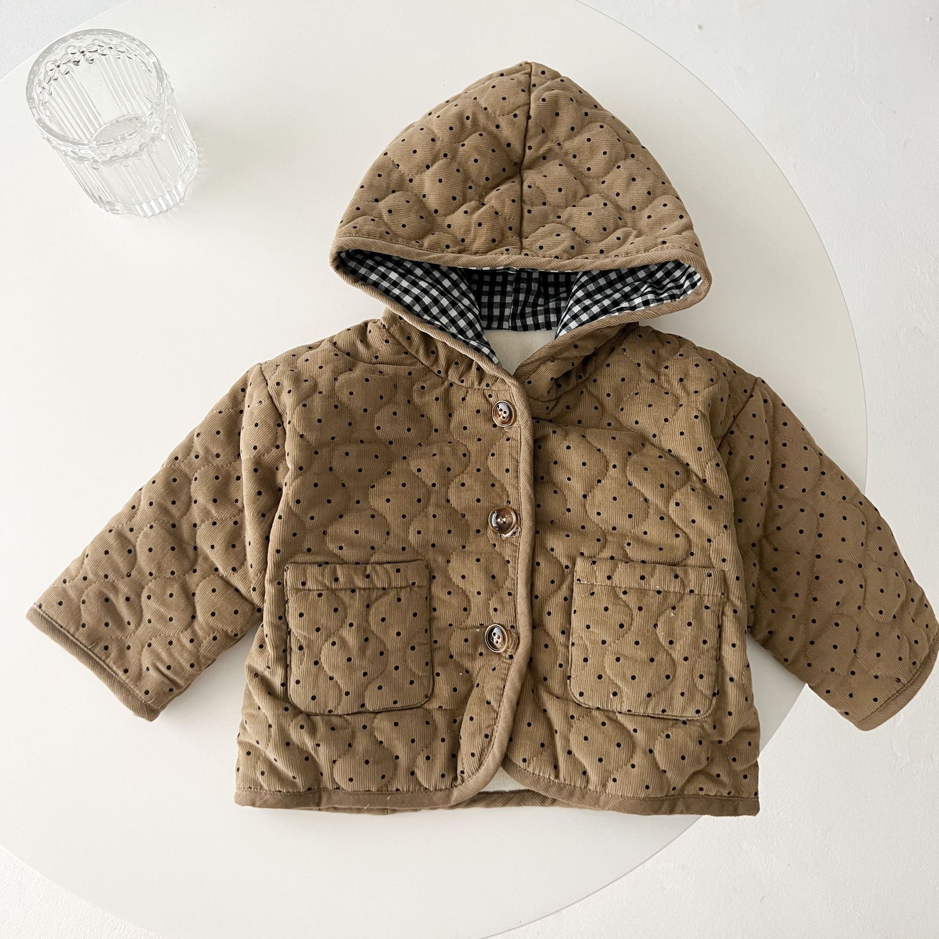 Baby Dot Pattern Corduroy Fabric Quilted Warm Coat With Hat-3
