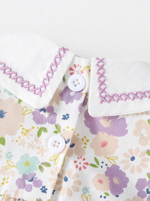 Summer Hot Selling Baby Girls Floral Pattern Fly Sleeves Embroidered Collar Onesies-3