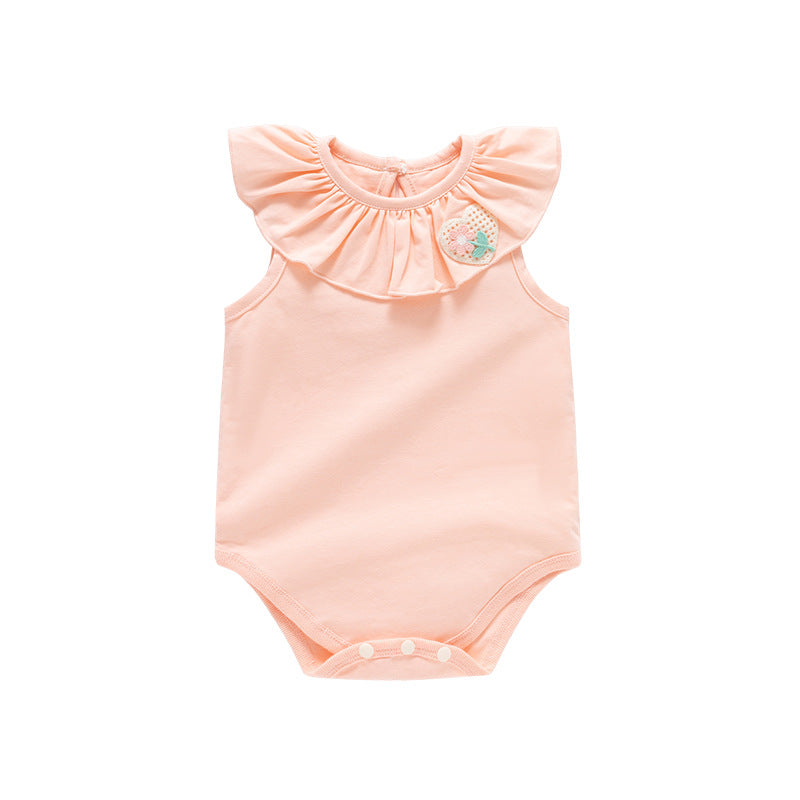 Summer Hot Selling Cheap Baby Kids Girls Sleeveless Flower And Heart Embroidery Ruffle Collar Solid Color Onesies-4