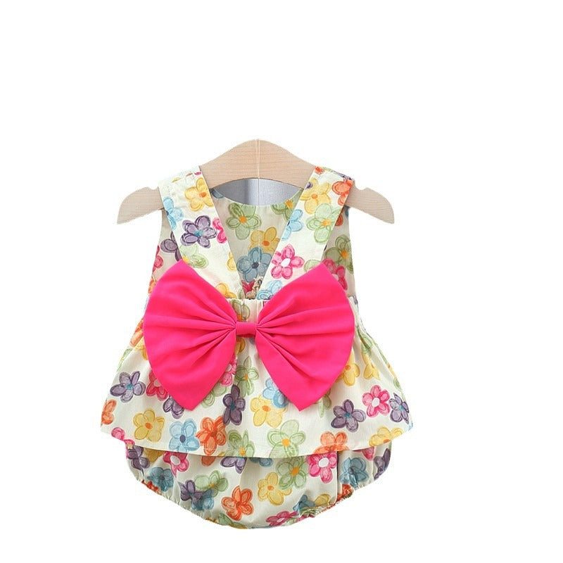 Summer Baby Kids Girls Colorful Flowers Pattern Sleeveless Top Dress And Bloomers And Hairband Clothing Set-4