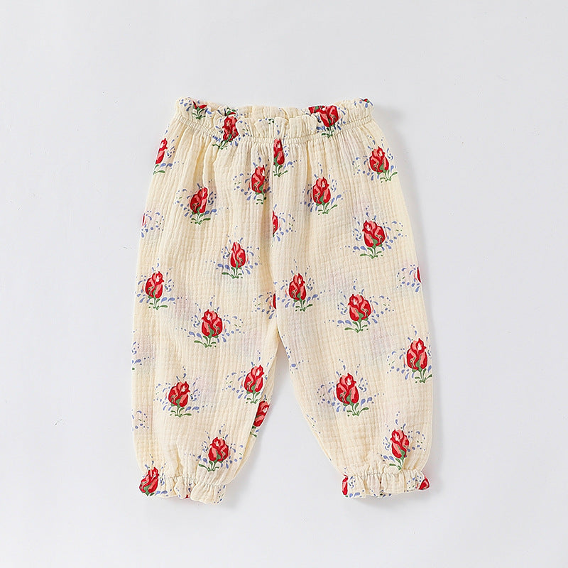 Children’s Summer Unisex Floral/Fruits/Animals Pattern Thin Breathable Pants – Home Kids Pajamas Trousers-4