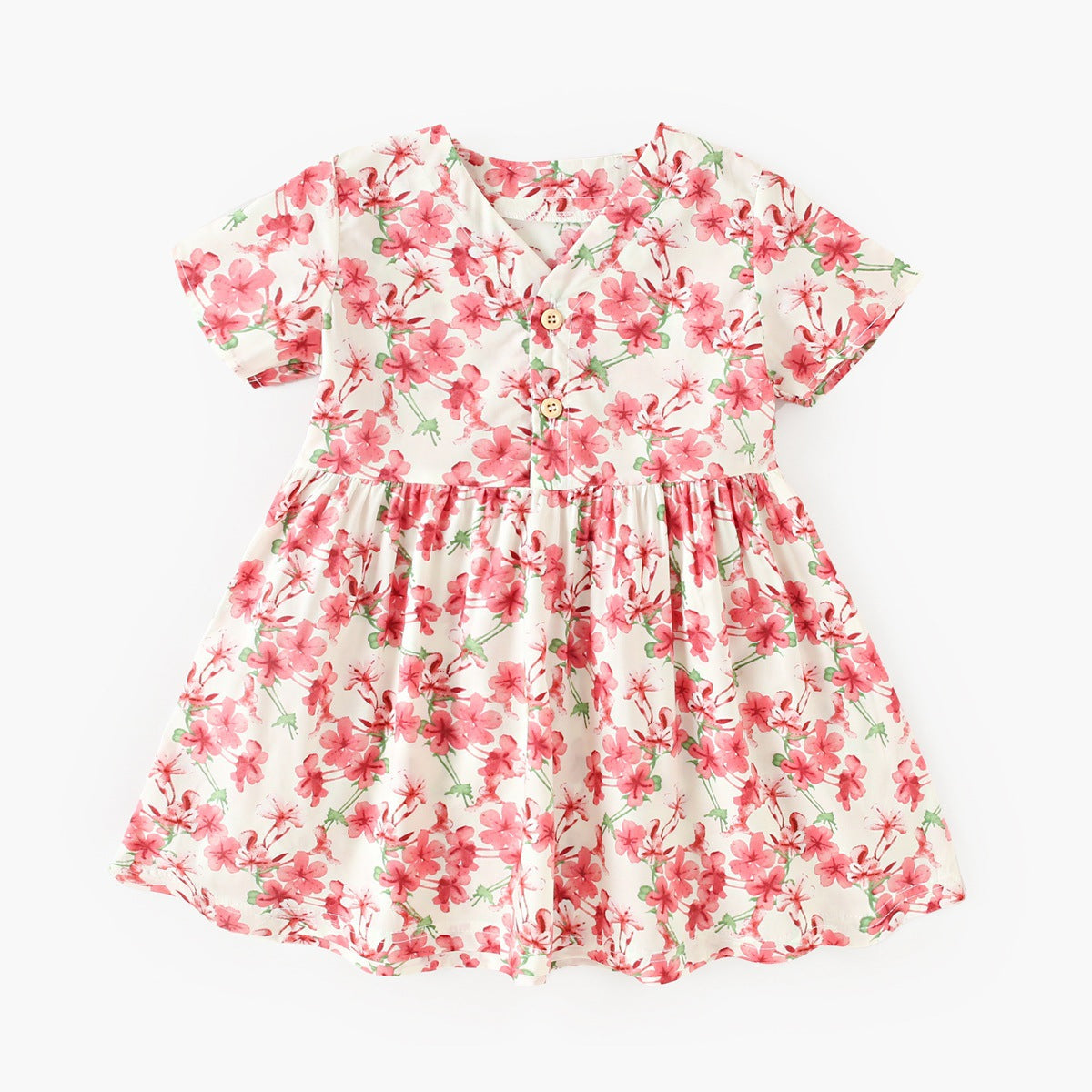 Summer New Arrival Baby Girls Elegant Floral Pattern Short Sleeves V Neck Dress-2