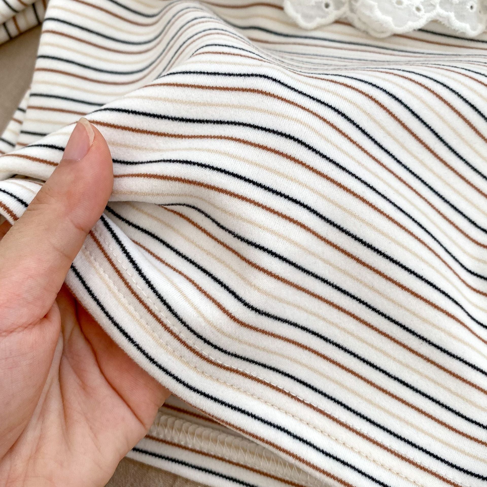 Autumn Striped Pattern Ruffle Neck Tops & Onesies-4