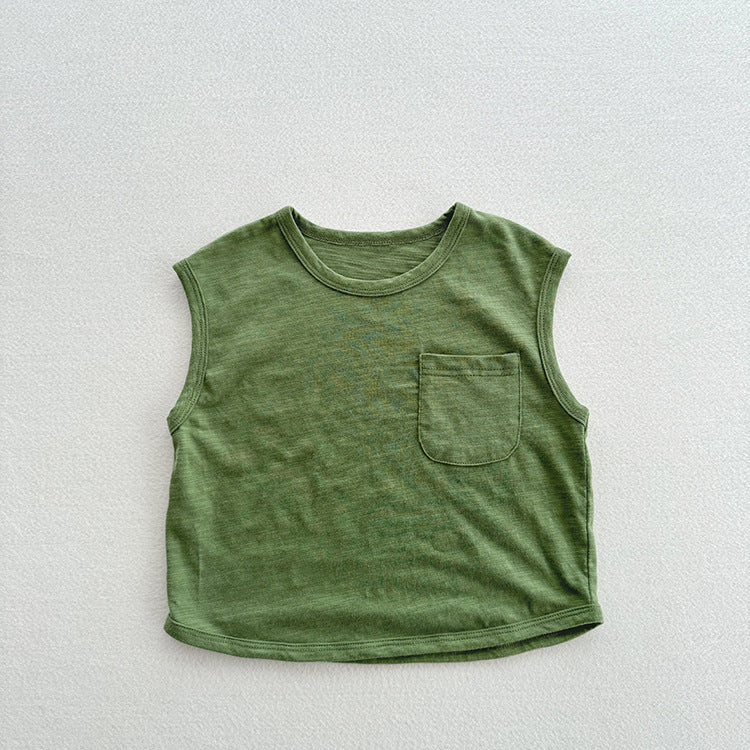 Refreshing Sleeveless Summer New Children’s Vest, Unisex Baby Bamboo Cotton Casual Pocketed Top-2