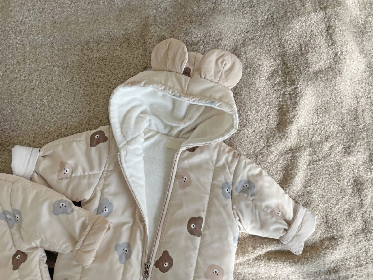 Winter Baby Unisex Little Bear Head Thicken Long Sleeve Jumpsuit-3