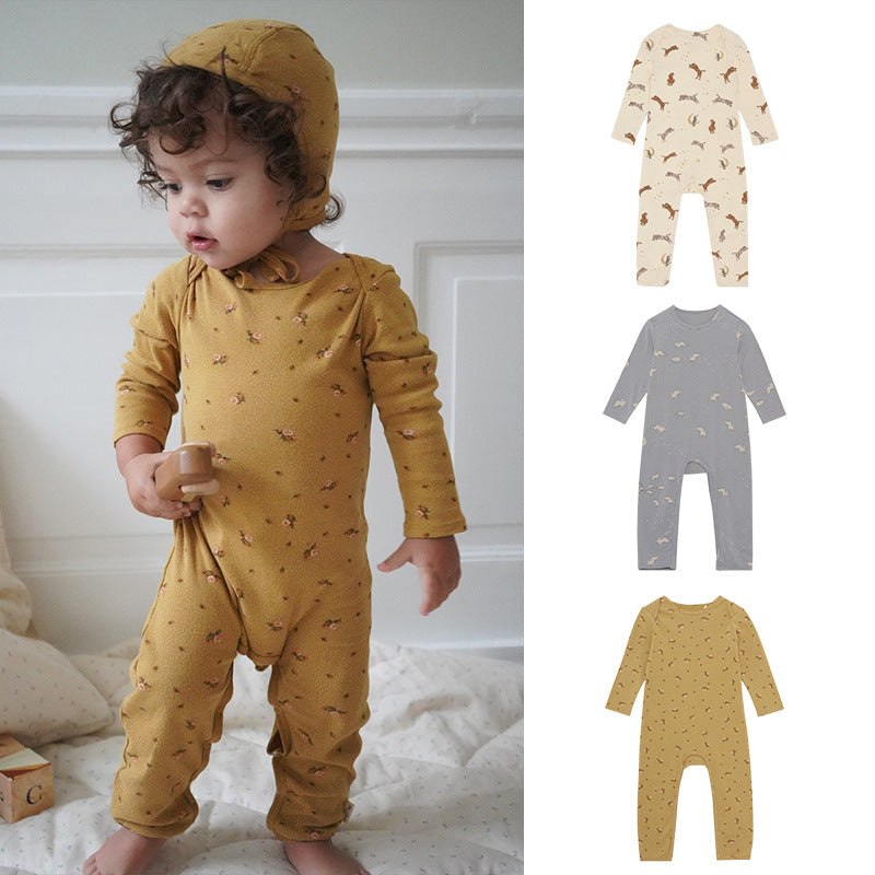 Baby Floral & Animals Print Pattern Long Sleeves Soft Jumpsuit-0