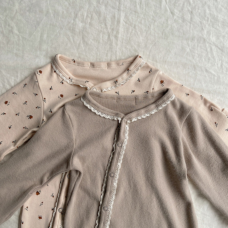 Baby Flower Pattern & Solid Color Lace Design Button Front Jumpsuit-4