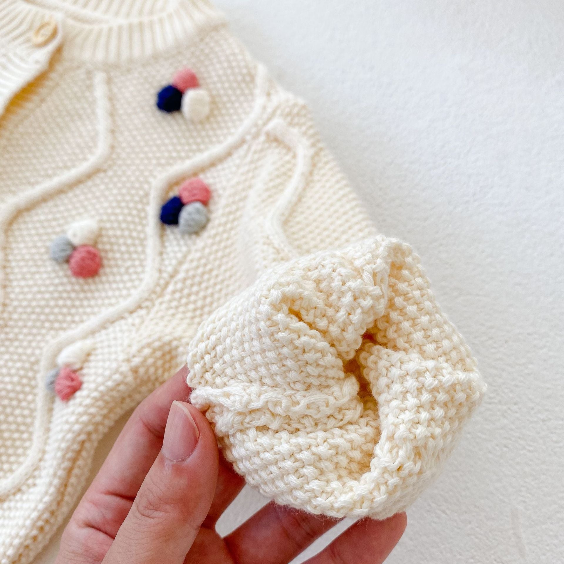 Baby Girl Colorful Handmade Ball Patched Belted Knitted Bodysuit & Cardigan 1-Pieces Sets-4