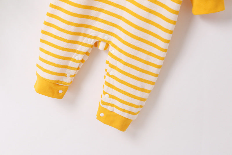 Baby Cartoon Bear & Striped Pattern Crotch Jumpsuit Romper-4
