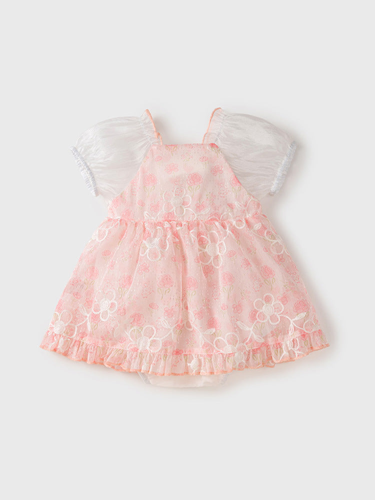 Summer New Dress Design Baby Girls Pink Flowers Pattern And Embroidery Short Sleeves Square Neck Sweet Cute Onesies-3
