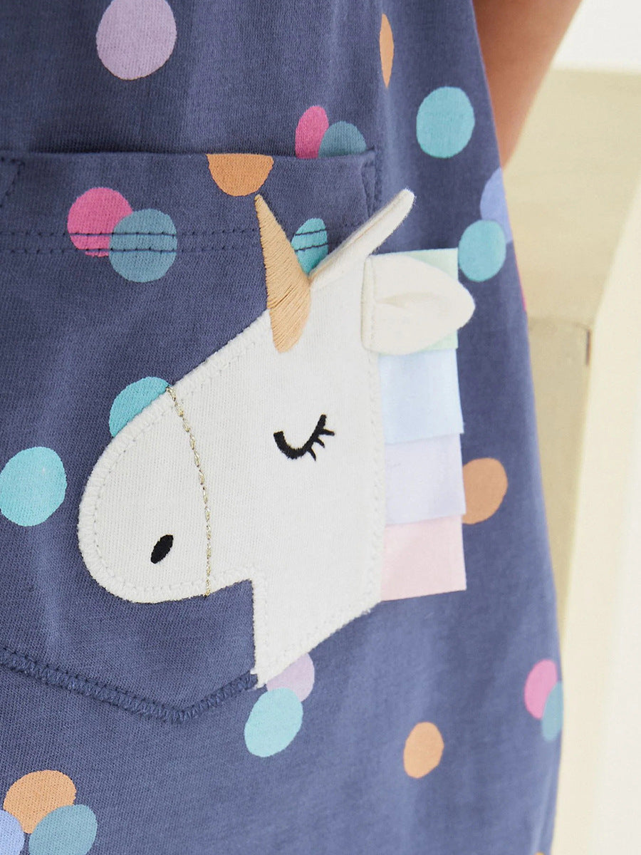Spring And Summer Baby Girls Short Sleeves Polka Dots Dress With Unicorn Pocket-3