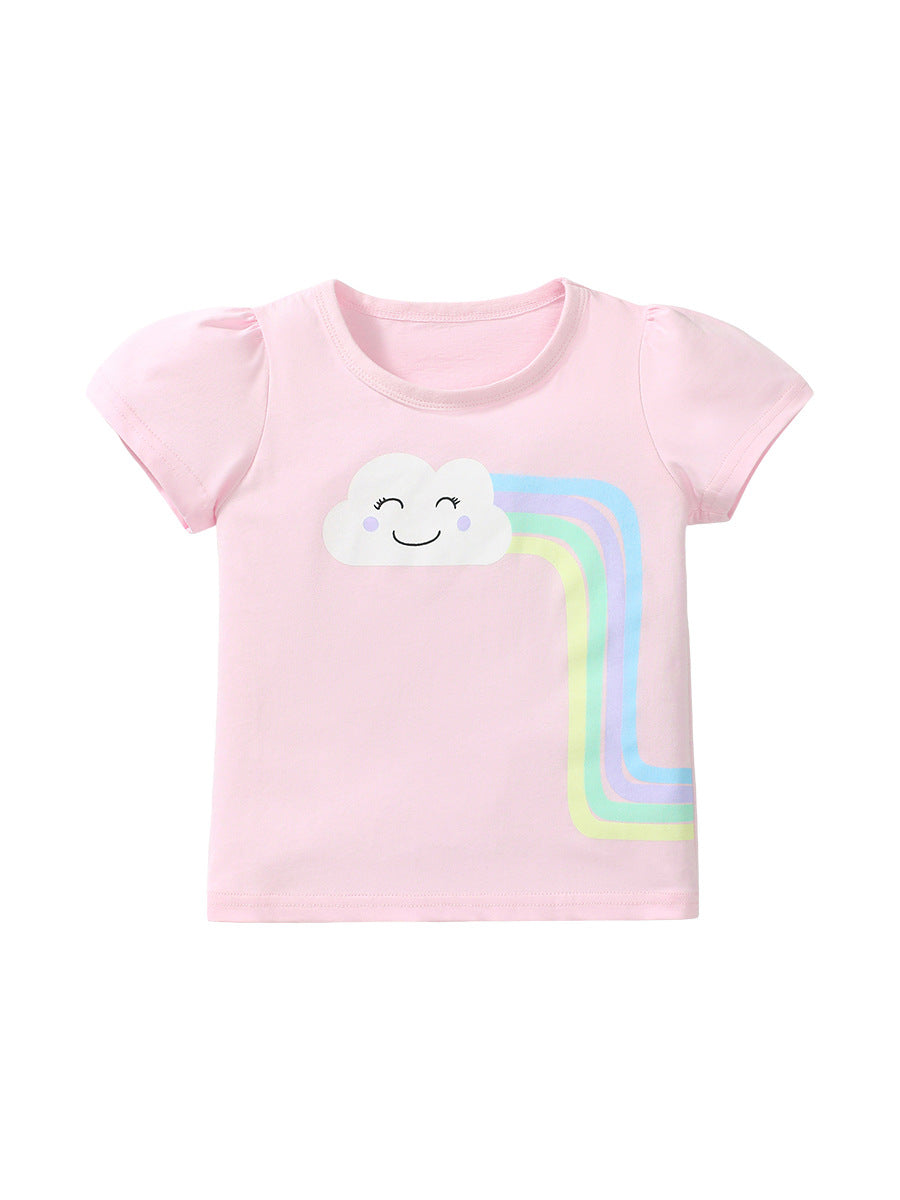 Crew Neck Rainbow Cloud Cartoon Girls’ T-Shirt In European And American Style For Summer-1