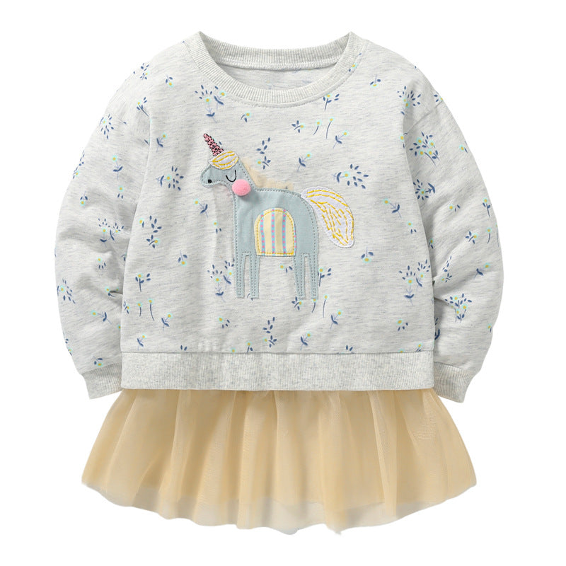 Baby Girl Unicorn & Floral Pattern Mesh Patchwork Design Hoodie-0