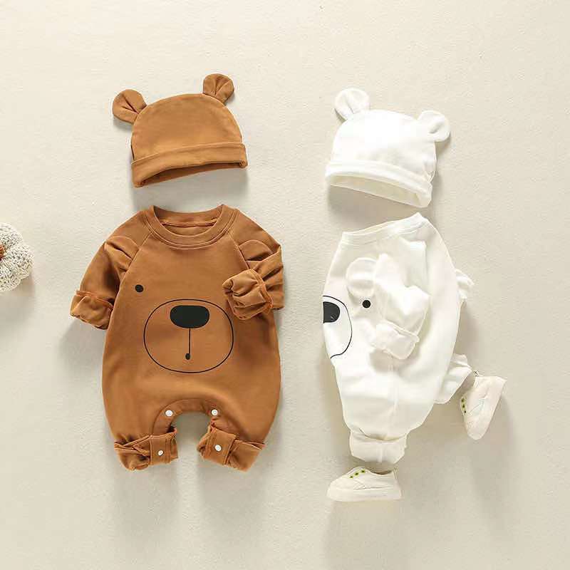 Baby Girl Bear Print Pattern Solid Color Long-Sleeved Rompers With Hat In Spring & Autumn-0