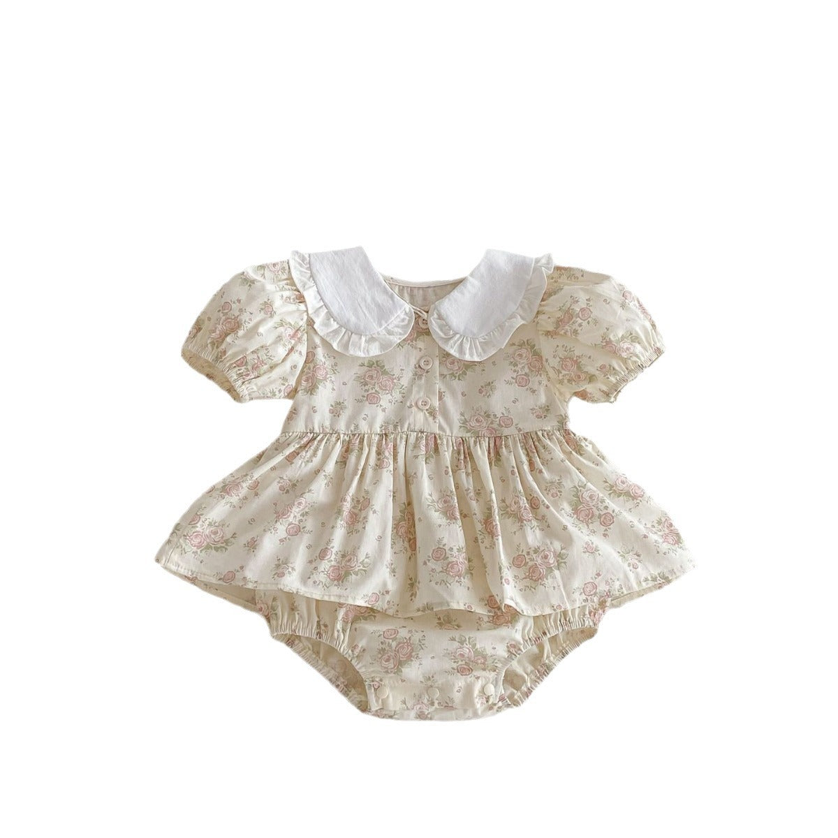 Summer New Arrival Baby Girls Short Sleeves Flowers Pattern Peter Pan Collar Onesies Dress-3
