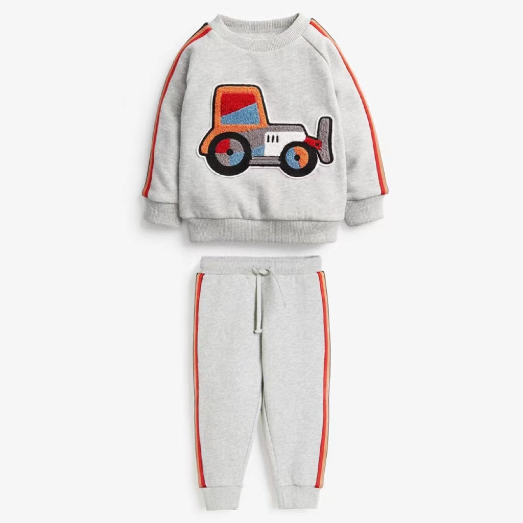 Baby Boy Cartoon Truck Pattern Side Striped Design Hoodie & Trousers Warm Sets-0