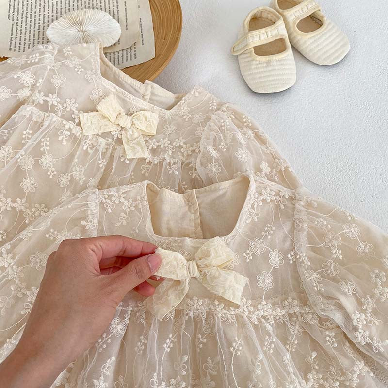 Baby Girl Mesh Patched Design Suqare Neck Onesies Dress & Dress-4