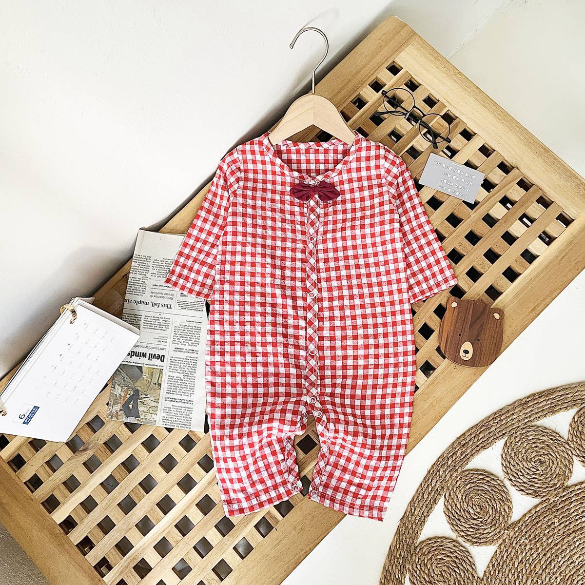 Baby Boy Plaid Pattern Bow Patched Design Cotton Jumpsuit-4