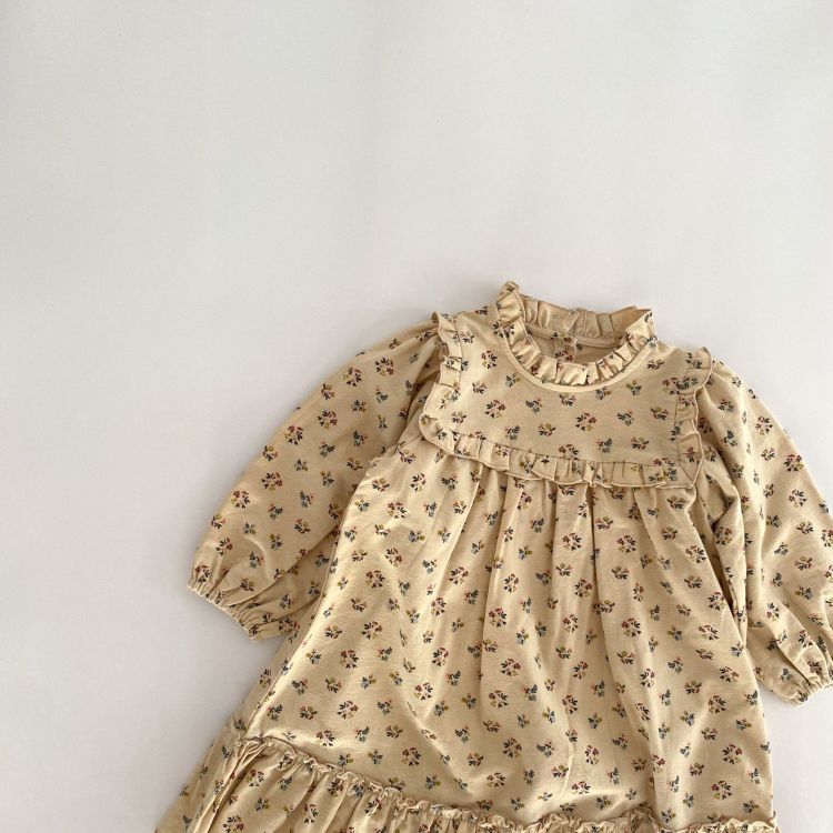 Baby Girls Floral Print Ruffle Design O-Neck Pull Sleeved Dress-4