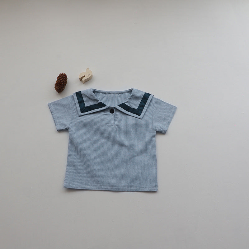 Baby Girl 1pc Contrast Tape Lapel Tops & Shorts Navy Style College Sets-4