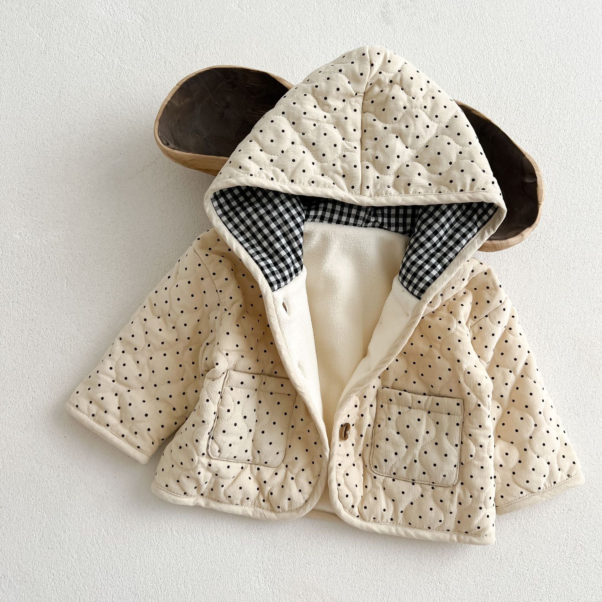 Baby Dot Pattern Corduroy Fabric Quilted Warm Coat With Hat-4