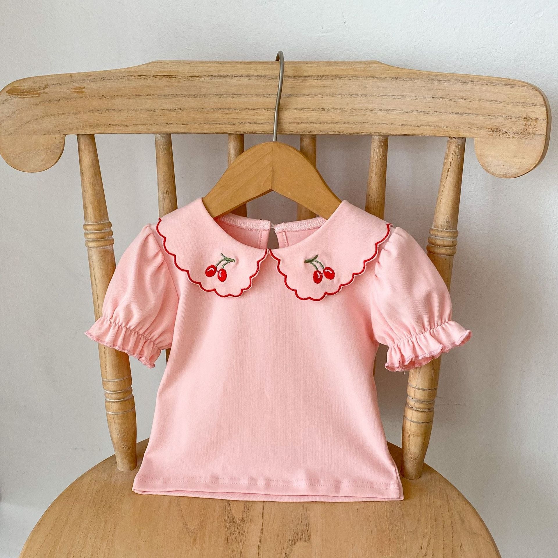 Baby Girl Cherry Laple Neck Shirt With Plaid Skirt Sets-4