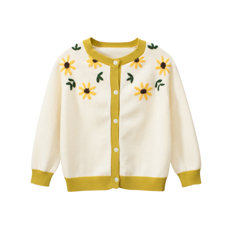 Baby Girl Floral Embroidered Pattern Simple Colorblock Design Knitwear-0