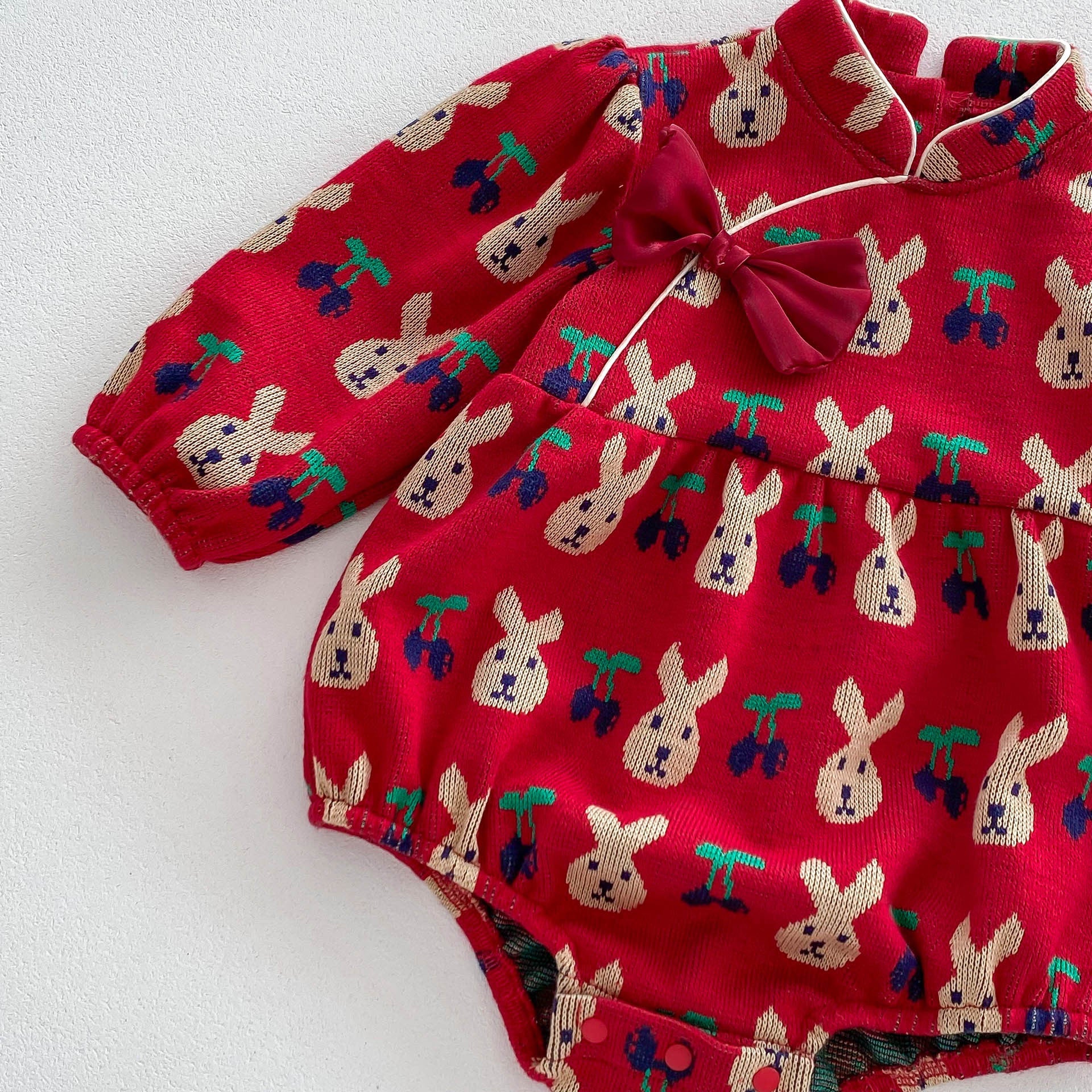 Infant Baby Girls Rabbit&Cherry Around Long Sleeve One Piece-3