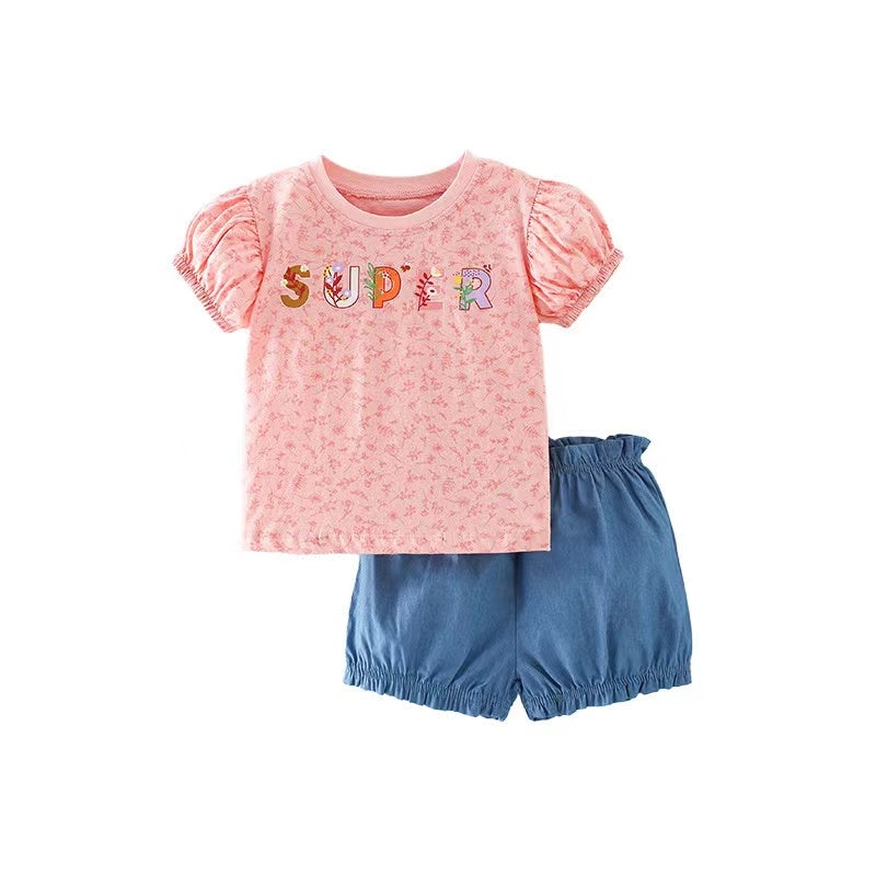 Baby Girl Floral & Slogan Print Graphic Puff Sleeve Tee Combo Denim Shorts Sets-4