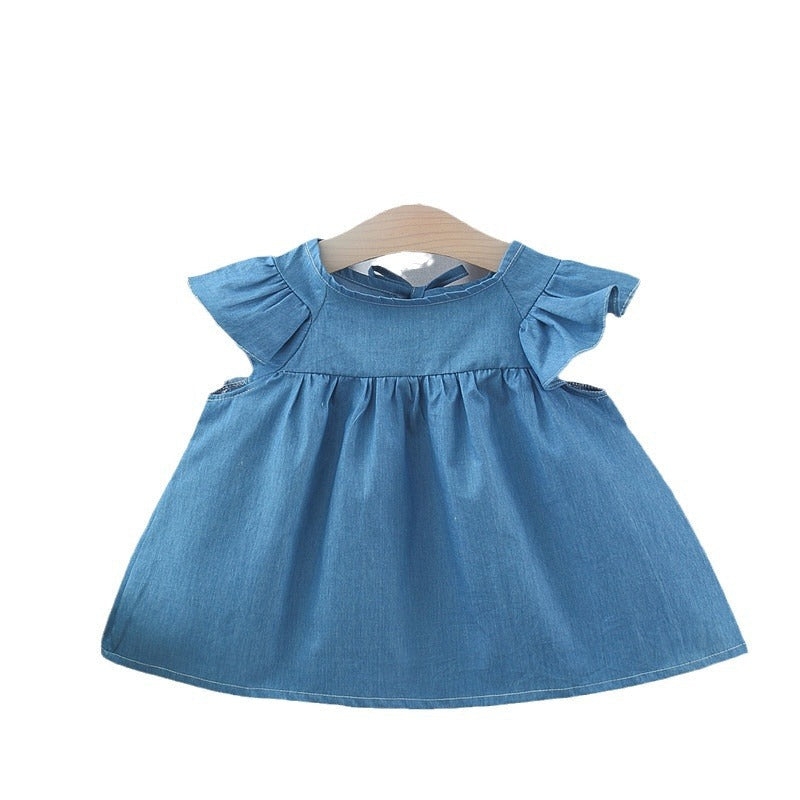 Summer Hot Selling Baby Kids Girls Fly Sleeves Crew Neck Solid Color Denim Dress-4