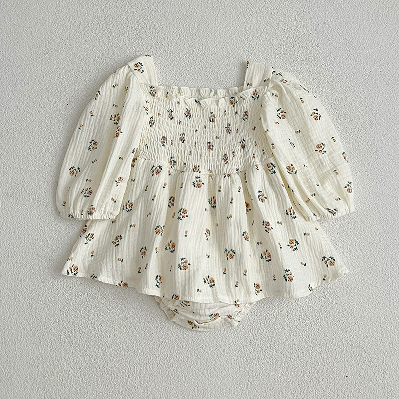 Floral Pattern Lantern Sleeves Princess Style Onesie And Dress-4