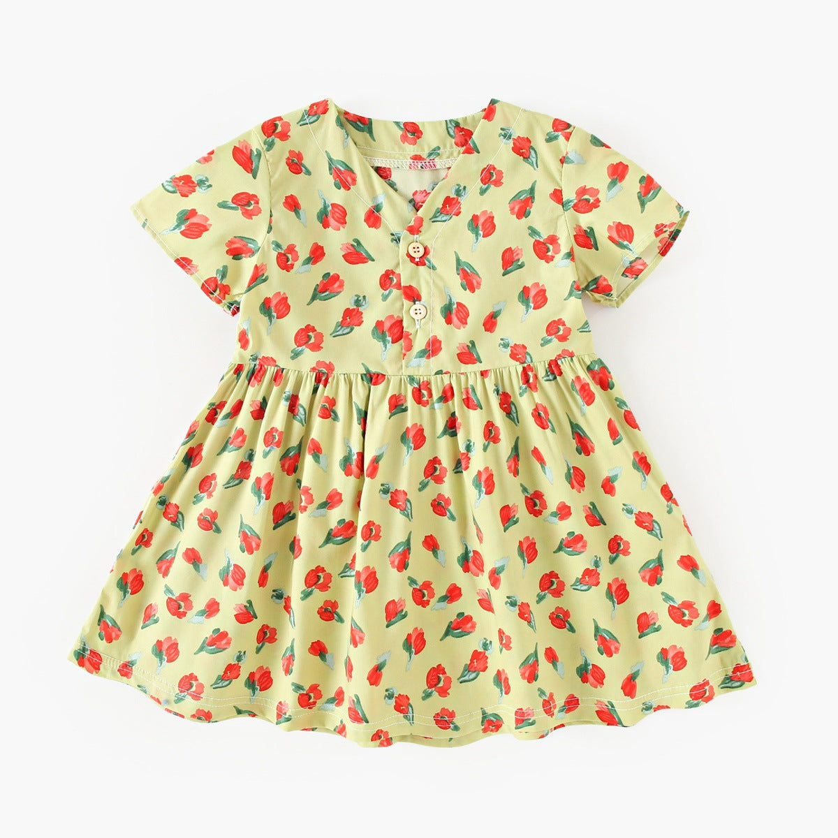 Summer New Arrival Baby Girls Elegant Floral Pattern Short Sleeves V Neck Dress-2
