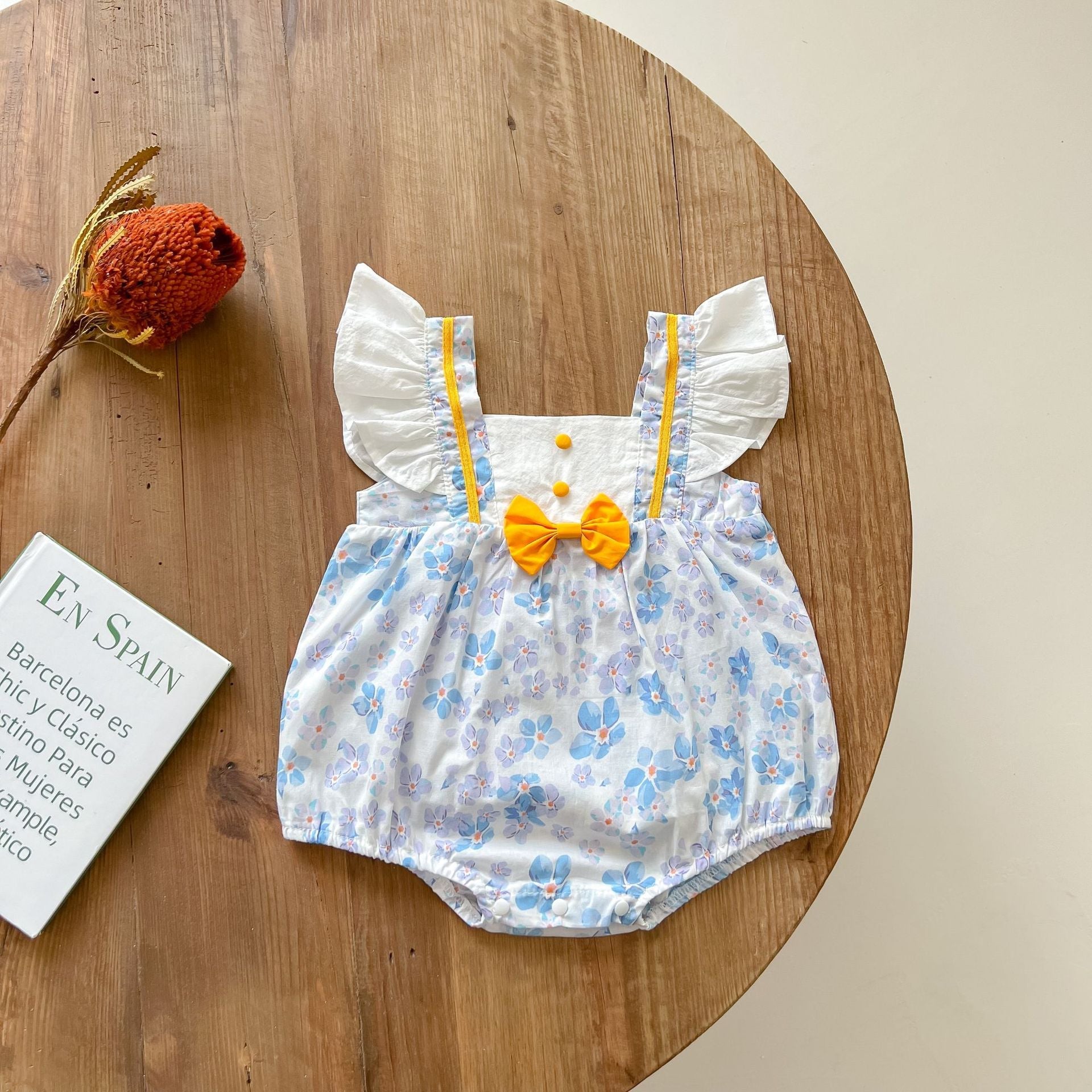 Baby Girls Floral Print Ruffle Design Square-Neck Onesies With Bow Tie-4
