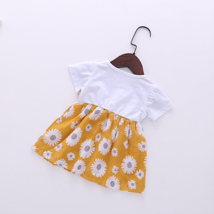 Baby Girl Little Daisy Print Pattern False Two-Piece Patchwork Design Round Collar Short-Sleeved Dress-4