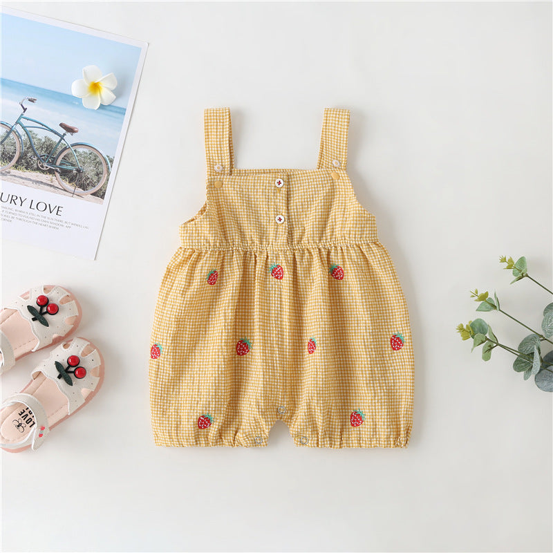 Baby Girl 1pcs Plaid Graphic Strawberries Embroidery Snap Button Jumpsuit & Solid Tee Sets-3