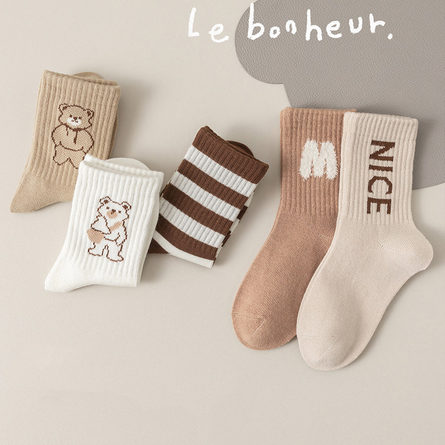 Kids Unisex Breathable Comfy Brown Bear Series Cartoon Pattern Socks Set-3