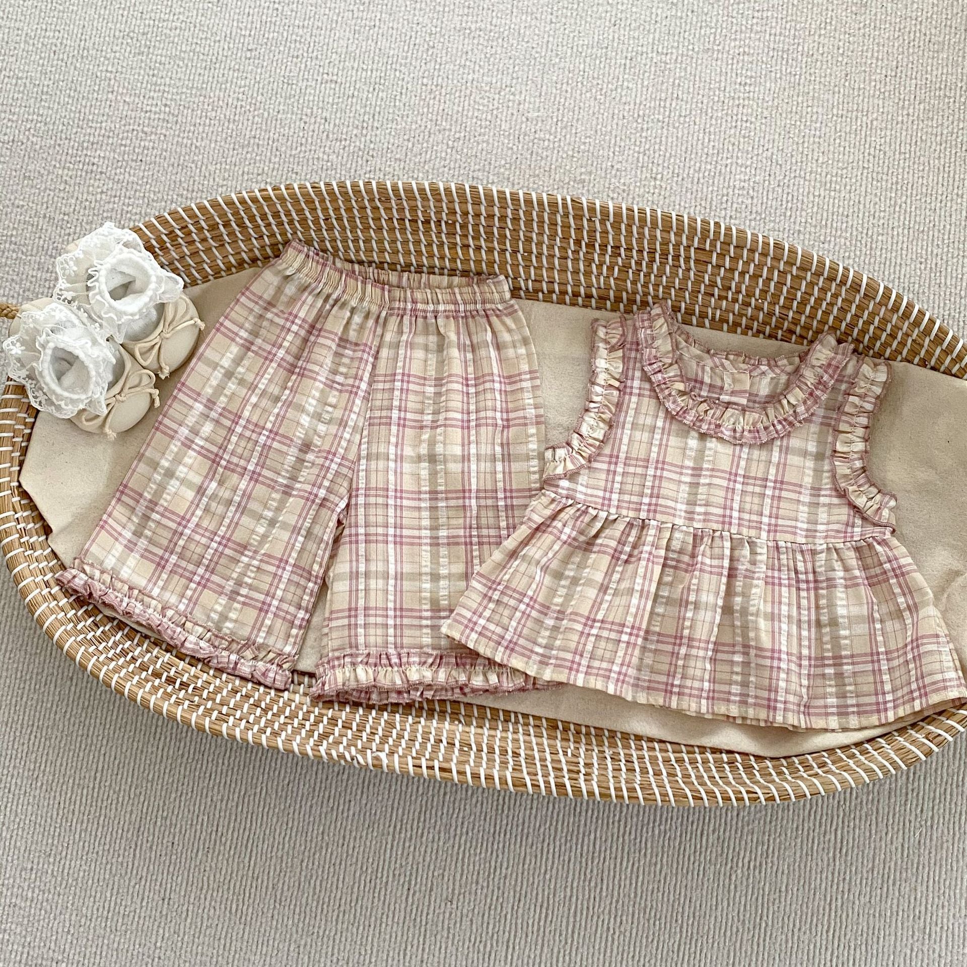 Summer Baby Kids Girls Plaid Sleeveless Vest And Shorts Casual Clothing Set-3