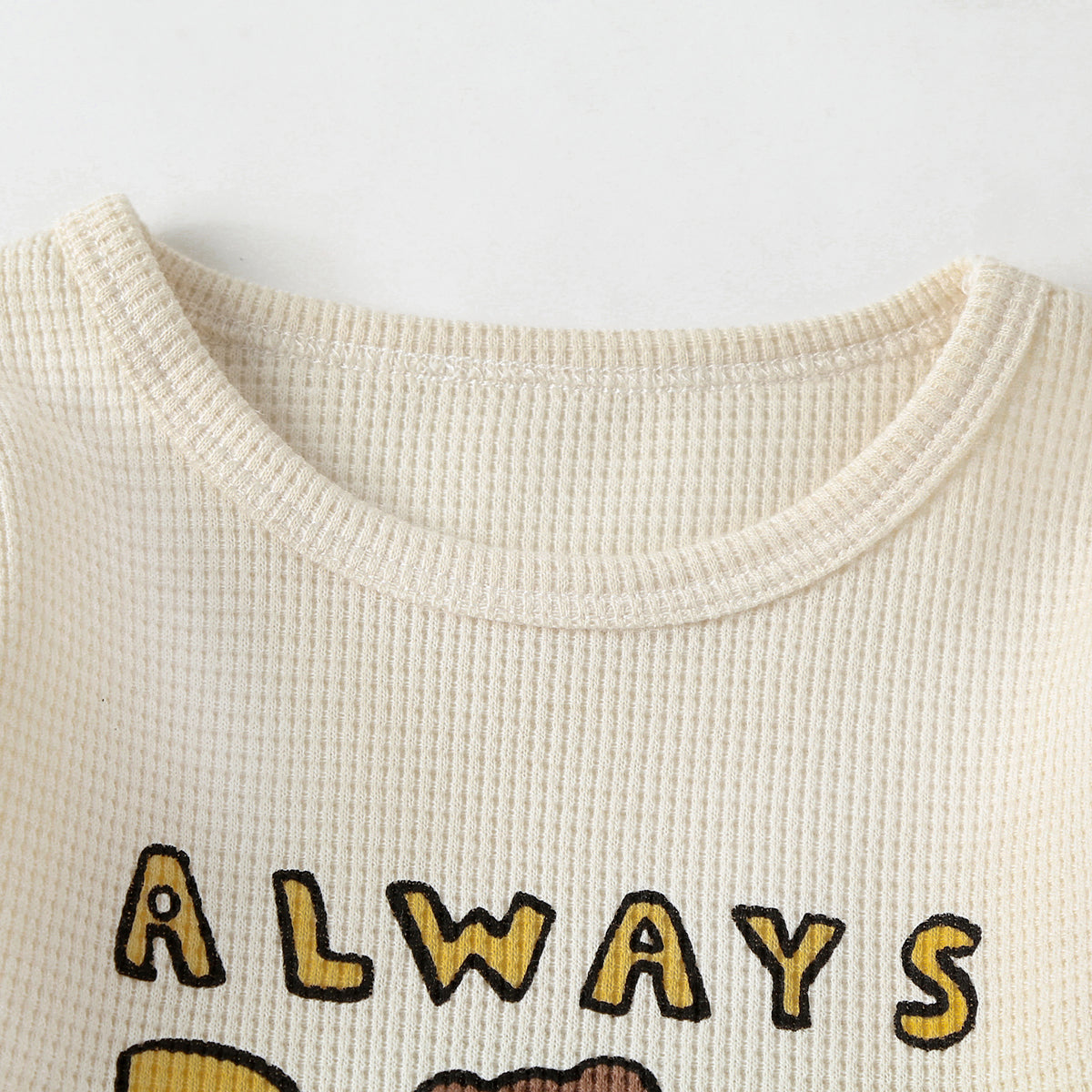 Baby Cartoon Bear & Slogan Pattern Waffle Fabric Tops Combo Solid Shorts 1-Piece Sets-4