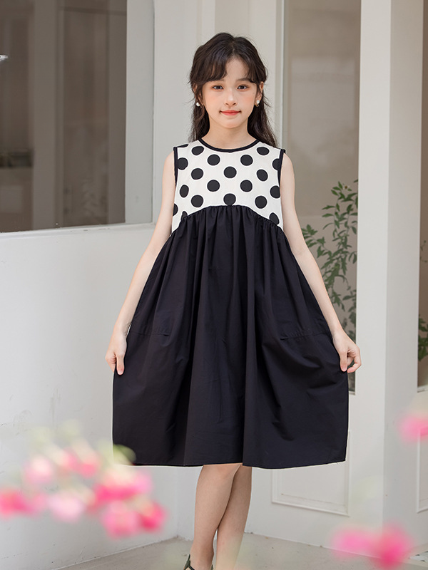 Hot Selling Summer Kids Girls Fashion New Style Polka Dots Sleeveless Color Patchwork Dress-2