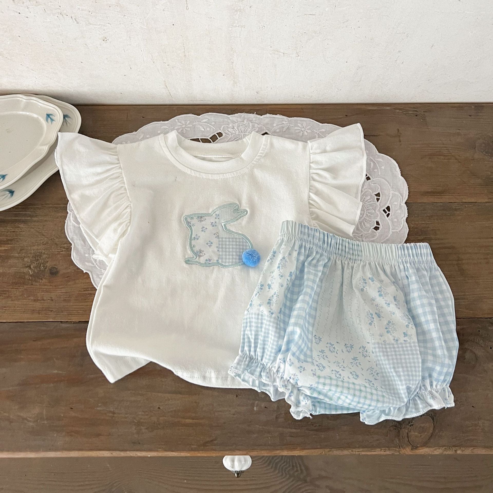 Summer New Arrival Baby Kids Girls Boutique Versatile Rabbit Pattern Fly Sleeves Top And Floral And Plaid Shorts, Clothing Set-4